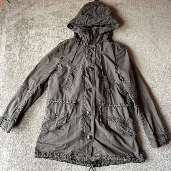 Gap Utility Parka Coat Women’s Medium Hooded Sherpa Lined Jacket Grey Military - Picture 1 of 12